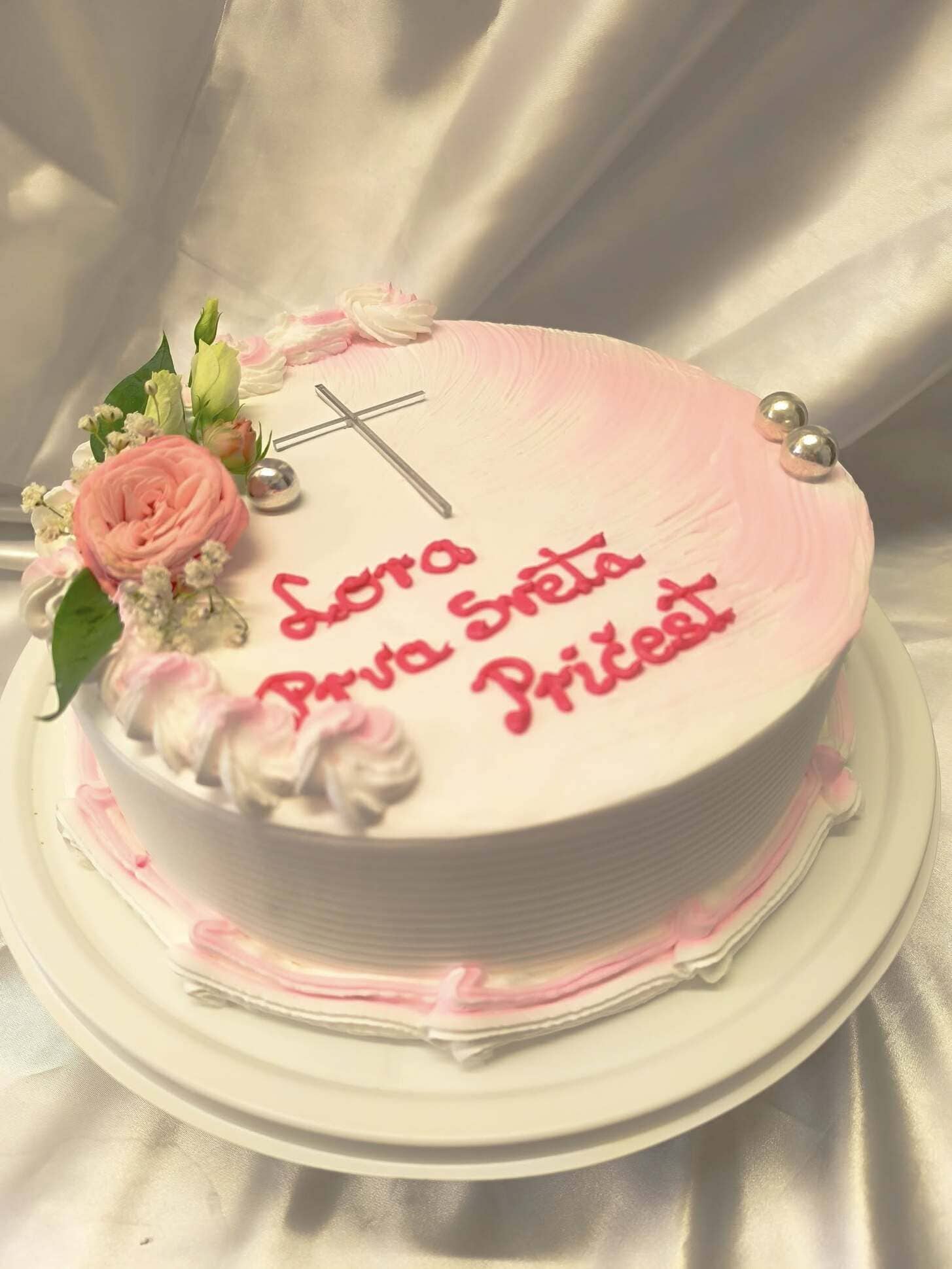 torta, pričest, križ, ruže, srebrno