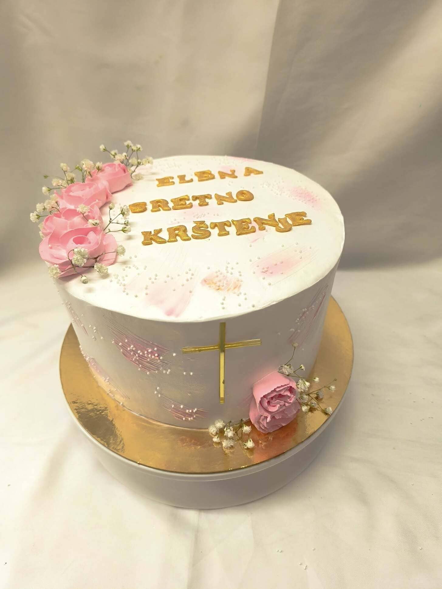 torta, krštenje, križ, rozi detalji