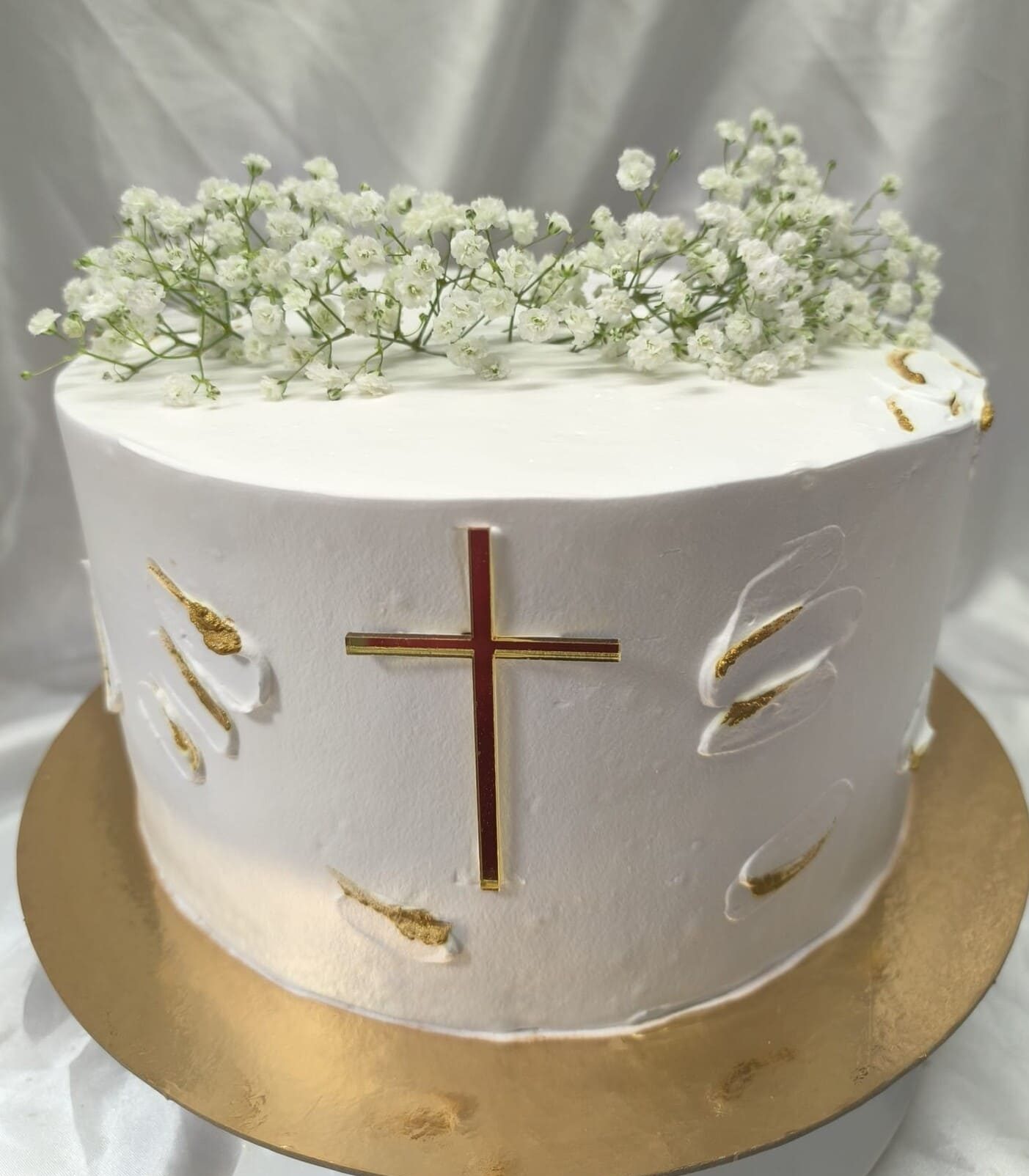 torta, križ, zlatno, bijelo, šlajer, gipsofila